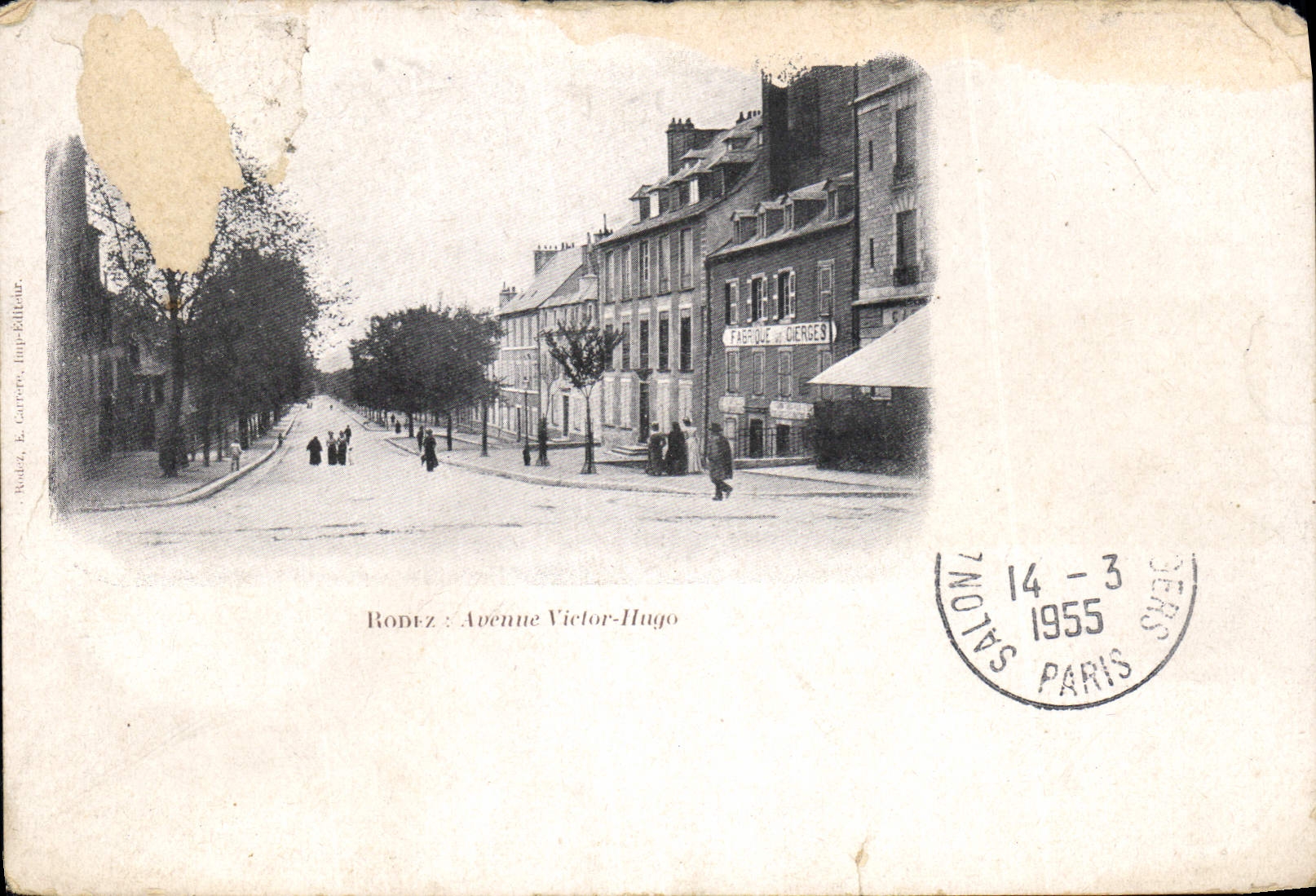 Rodez : Avenue Victor-Hugo — vue urbaine avec la Fabrique de Cherges — éditeur Rodez, E. Carrère, Imp. Billicaut