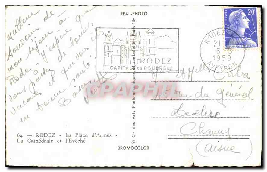CPA Rodez la Place d'Armes la Cathedrale et l'Eveche — Verso