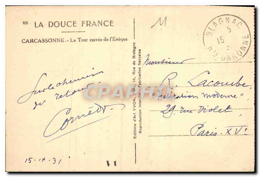CPA La Douce France Carcassonne la Tour carree de l'Eveque — Rückseite