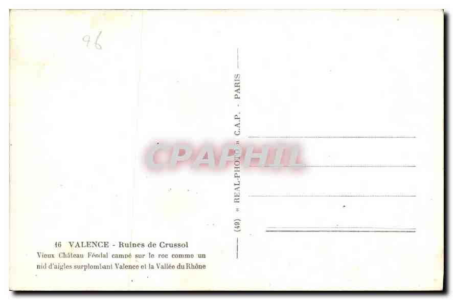 CPA Valence Ruines de Crussol vieux Chateau Feodal campe sur le roc comme un nid d'aigules surplomba — Rückseite