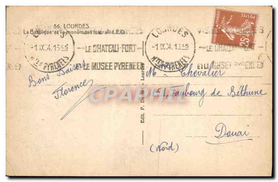 CPA Lourdes la Basilique et le monument interallie — Verso