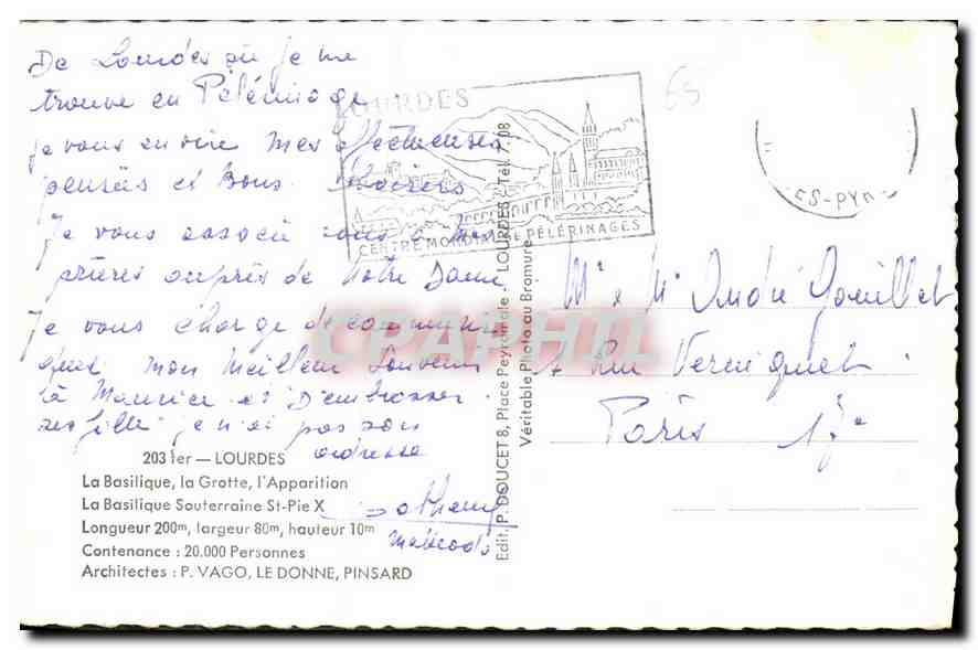 CPA Souvenir de Lourdes la Basilique la Grotte l'Apparation la Basilique Souterraine St Pie X  — Verso