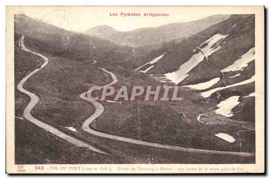 Col du Port (1249 m hoch) — Straße von Tarascon nach Massat — Die Kurven der Straße nahe dem Col — Phototypie Labouche, Toulouse, n° 543
