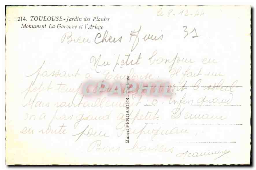 CPA Toulouse Jardin des Plantes Monument la Garonne et l'Ariege  — Rückseite
