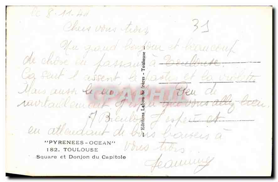 CPA Pyrenees Ocean Toulouse Square et Donjon du Capitole  — Verso