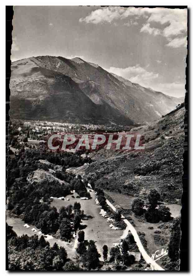 Aerial view of the camp at Bagnères-de-Luchon — Subject: campsite and mountains — Publisher: Vander