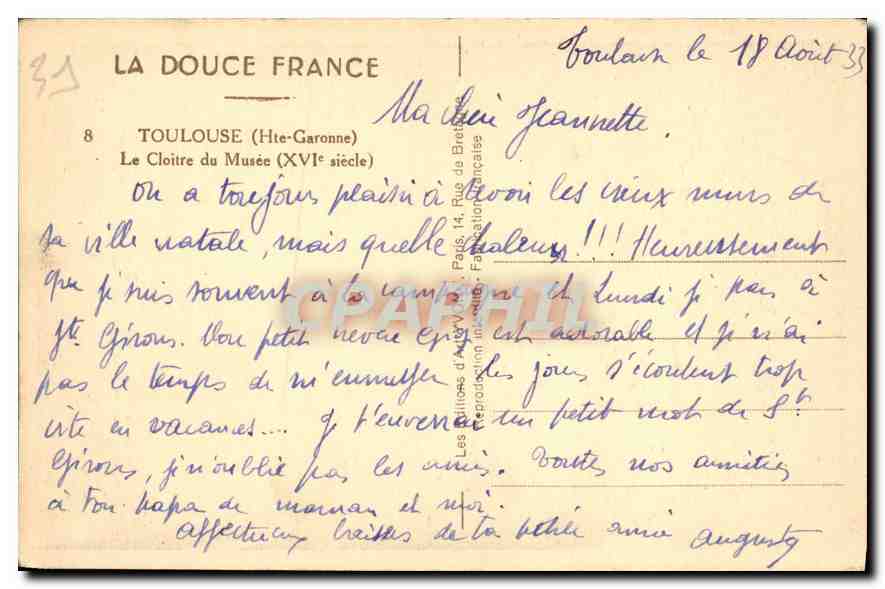 CPA La Douce France Toulouse Hte Garonne Le Cloitre du Musee  — Verso