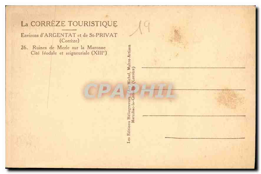 CPA Environs d'Argentat et de St Privat Correze Ruines de Merle sur la Maronne  — Back