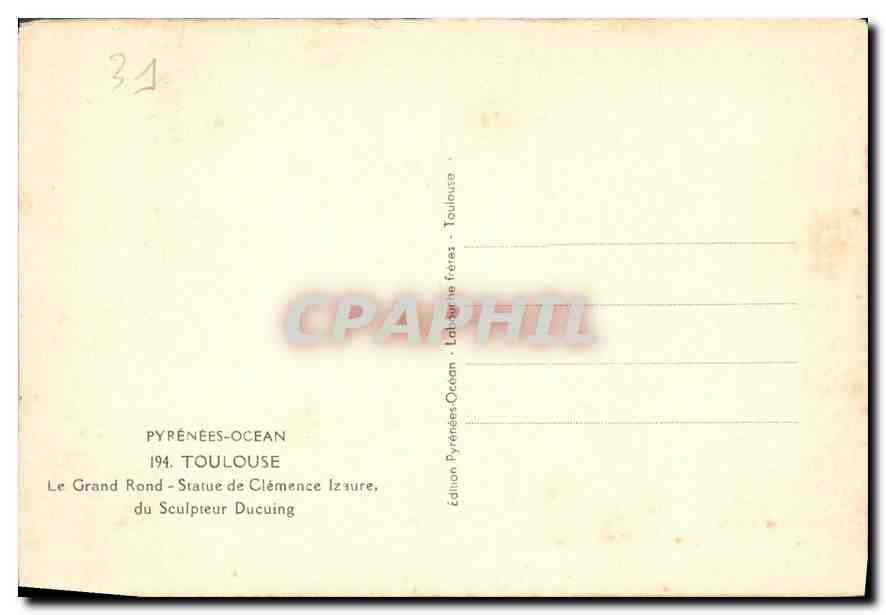 Le Grand Rond - Statue de Clémence Izauré, Toulouse — Édition Pyrénées-Océan — Verso