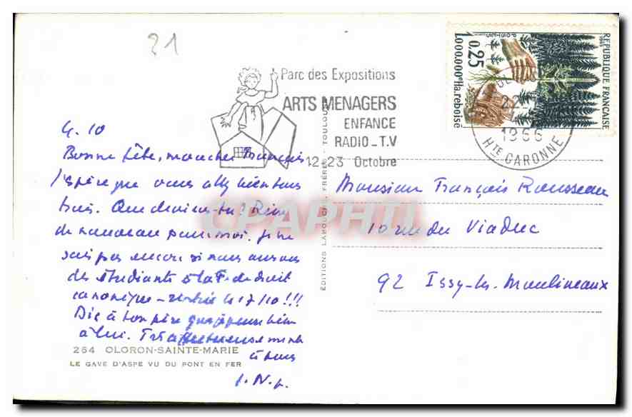 Tarjeta postal antigua Oloron Sainte Marie El Gave D'Asfe visto desde el Puente de Hierro — Reverso