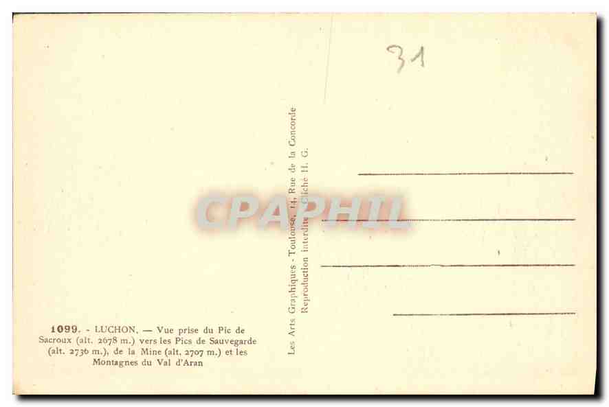 View of the mountains of the Val d'Aran — Luchon — publisher Les Arts Graphiques, Toulouse — Back
