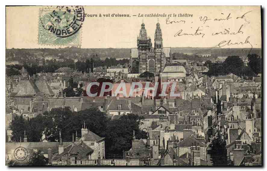 CPA Tours a vol d'oiseau La cathedrale et le theatre 