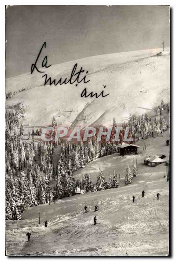 Paysage de montagne enneigé — skieurs et cabane — éditeur CPAPHIL