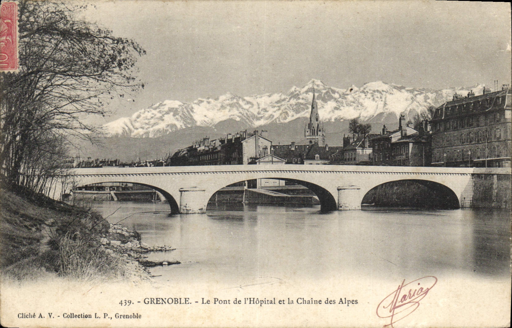 Grenoble - Le Pont de l'Hôpital et la Chaîne des Alpes — Cliché A. V., Collection L. P., n° 439, éditeur Hariaz