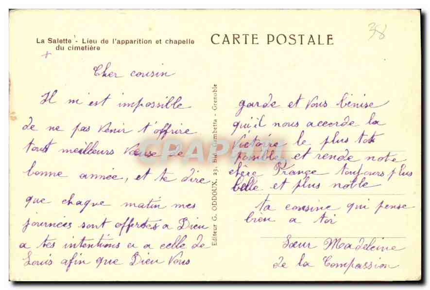 La Salette — Lieu de l'apparition et chapelle du cimetière — Éditeur G. Oddoux, Grenoble — Verso