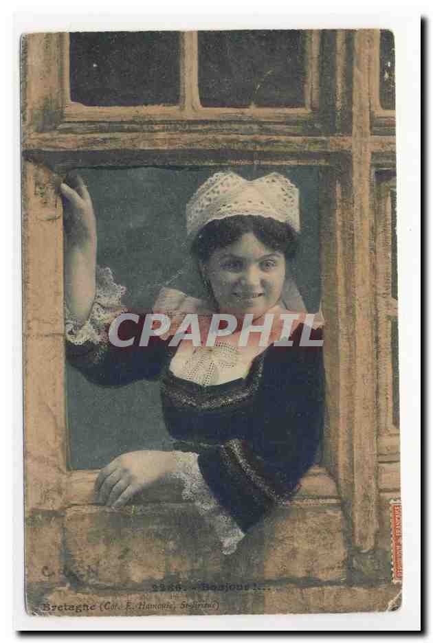 Bretagne fille de Saint Brieuc coiffe bretonne bonnet folklore broderie embroidery headdress costume animation CPA