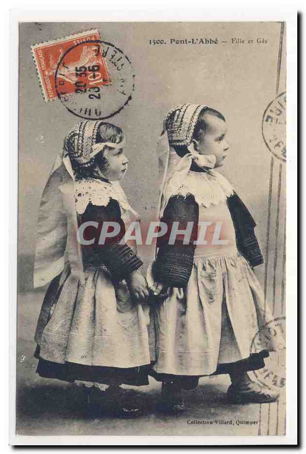 fille et gas Pont l'Abbe pittoresque coiffe chapeau breton folklore broderie headdress embroidery costume animation CPA