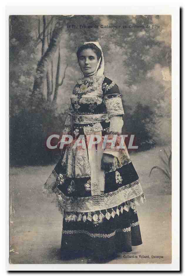 femme de Quimper en costume de fete coiffe bretonne bonnet folklore broderie embroidery headdress animation TOP CPA