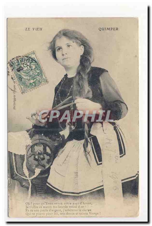 Quimper le Voeu whish costume tresse coiffe bretonne bonnet folklore broderie embroidery headdress animation TOP CPA