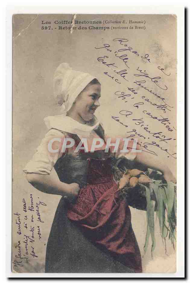 environs de Brest retour des champs costume coiffe bretonne bonnet folklore broderie embroidery headdress animation CPA