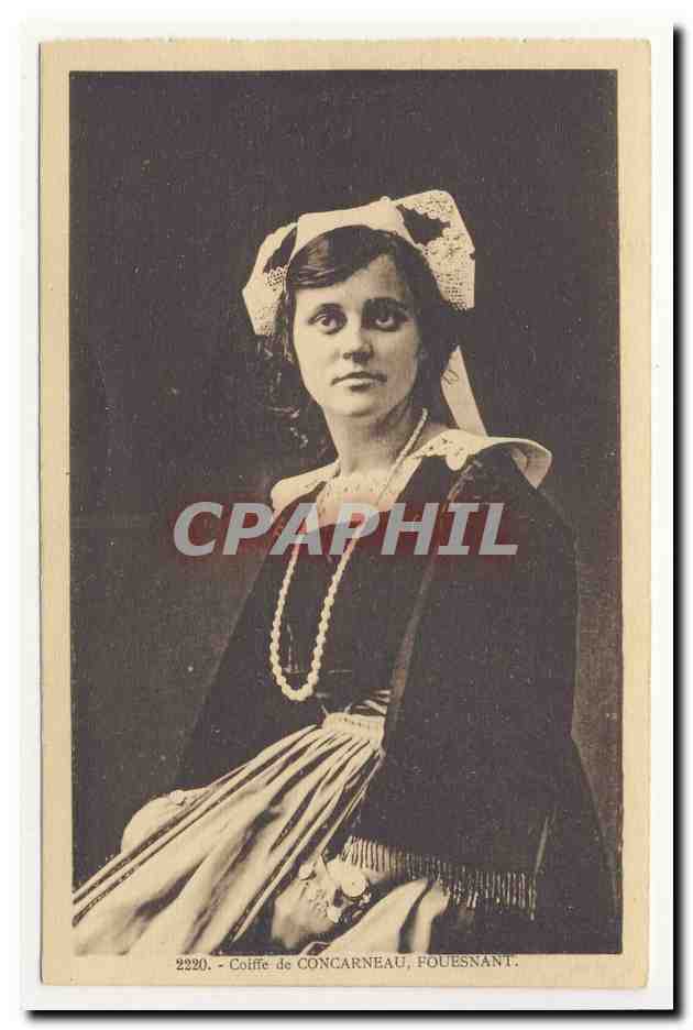 Fouesnant Concarneau coiffe bretonne bonnet folklore broderie embroidery headdress costume animation CPA