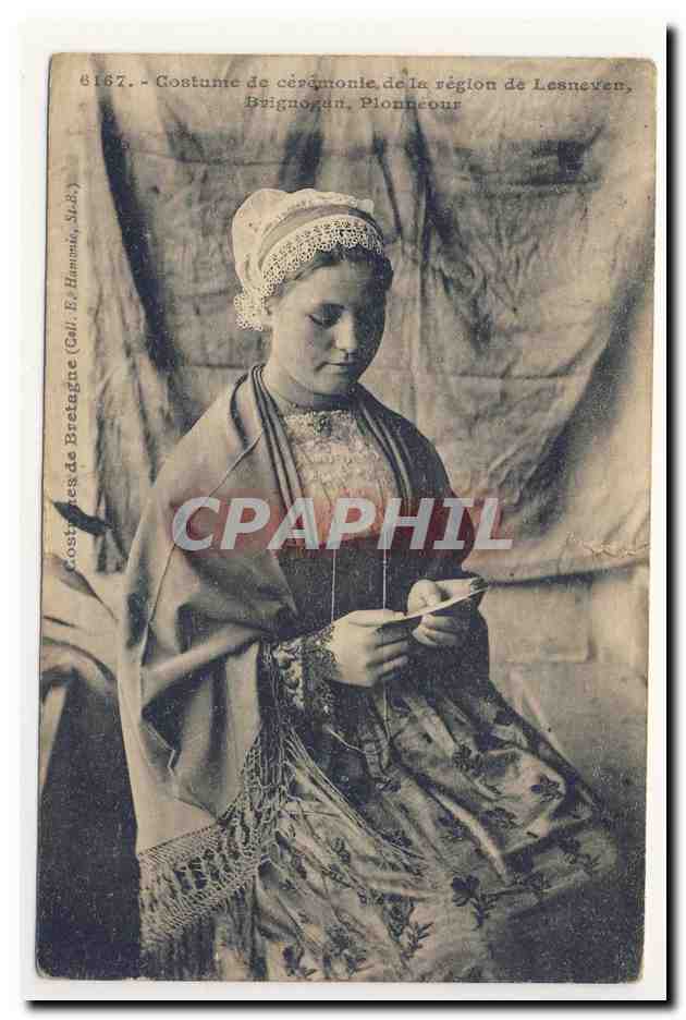 Ceremonie Lesneven Buignogan Plonneour coiffe bretonne folklore broderie embroidery headdress costume animation CPA