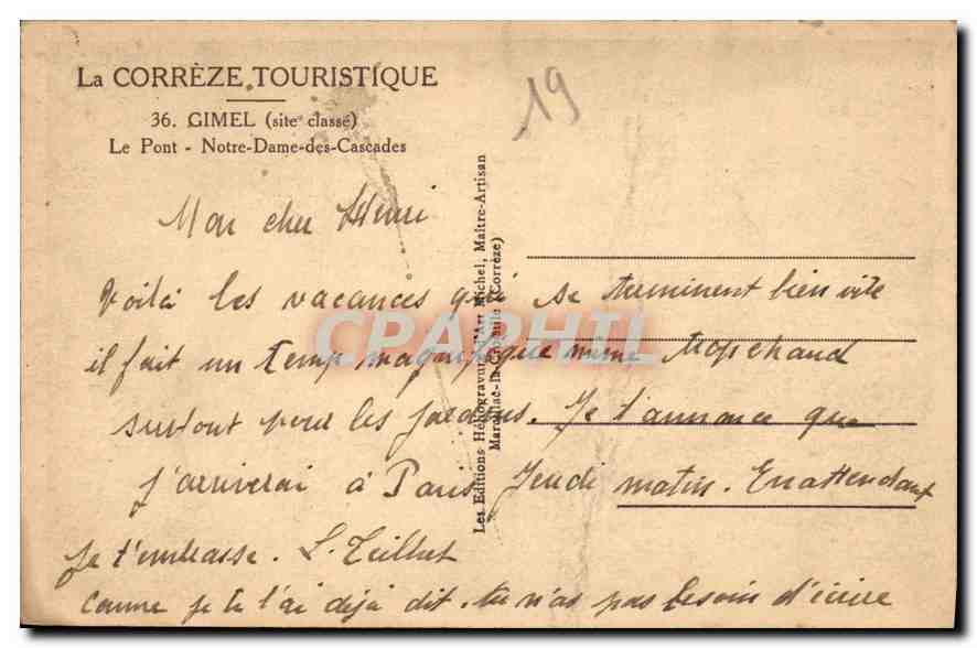 CPA La Correze touristique Gimel site classe le pont Notre Dame des Cascades  — Rückseite
