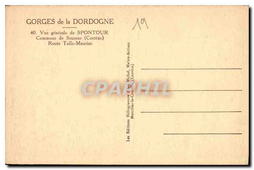 CPA Gorges de la Dordogne vue generale de Spontour commune de Soursac Correze route Tulle Mauriac  — Rückseite