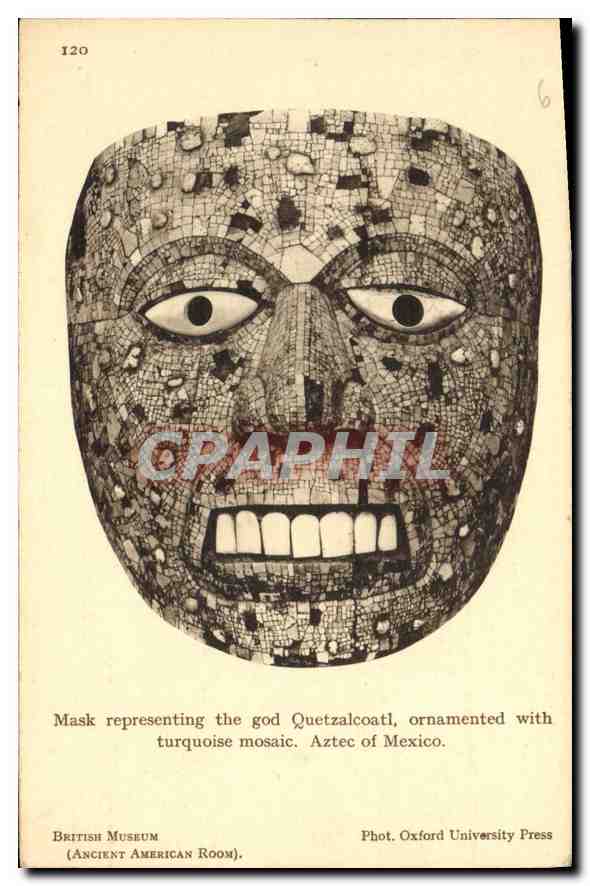 CPA Mask perresenting the god Quetzalcoatl otnamented with turquoise mosaic Aztec of Mexico British 