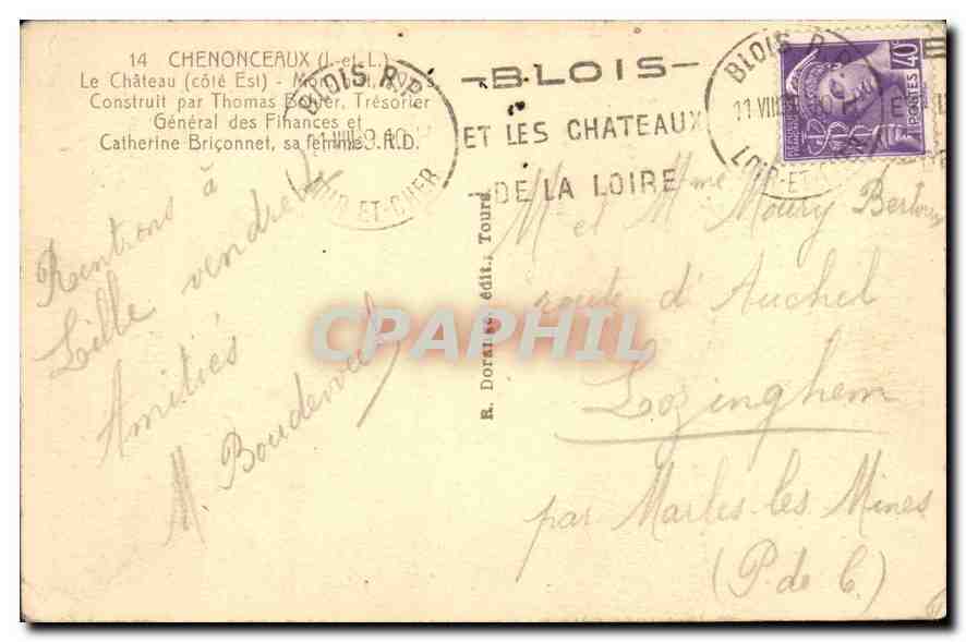 CPA Chenonceaux I et L le Chateau Cote Est construit par Thomas general des Finances et Catherine Br — Rückseite