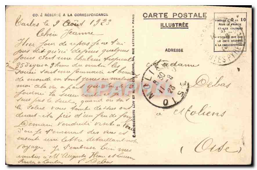 CPA Lourdes vue generale et le Pic du Jer  — Verso
