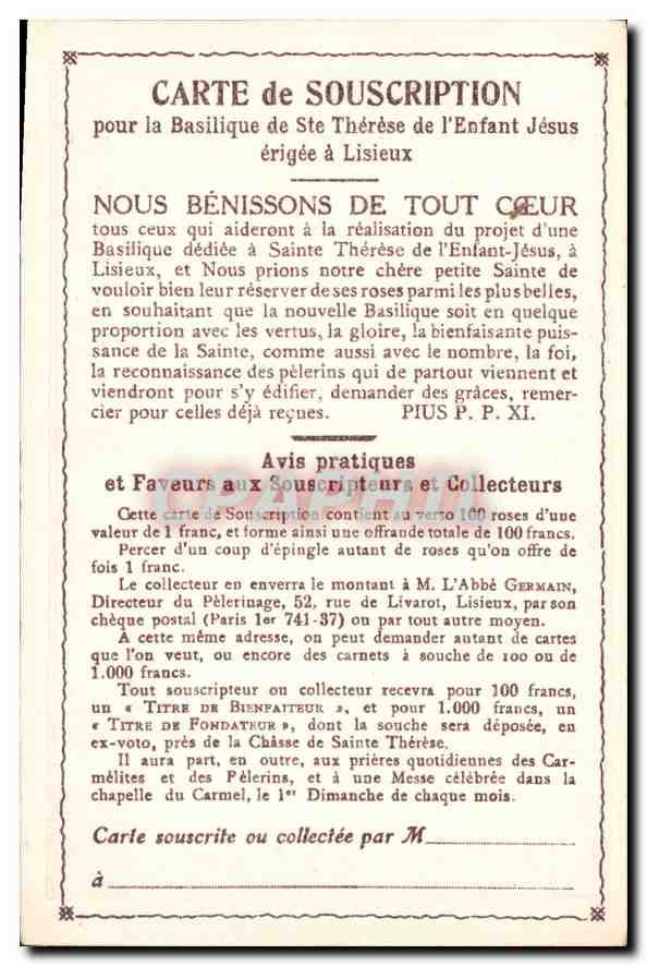 Sainte Thérèse de l'Enfant Jésus — Carte de souscription pour la basilique de Lisieux — éditée par l'Abbé Germain — Rückseite