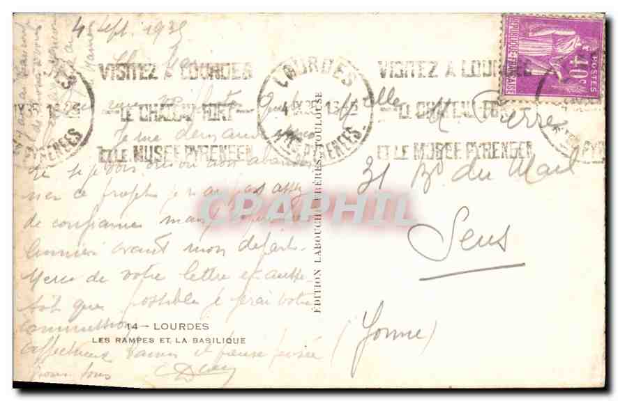 CPA Lourdes les Rampes et la Basilique  — Verso