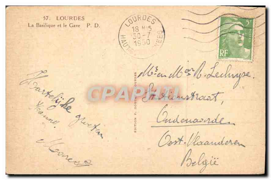 CPA Lourdes la Basilique et le Gave  — Verso