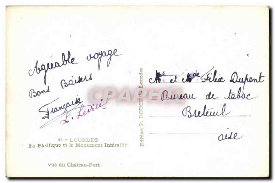 CPA Lourdes La Basilique et le Monument Interalllie  — Verso