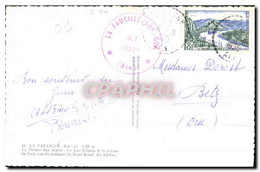 CPA La Faucille La Chaine des Alpes Le Lac Leman  — Rückseite