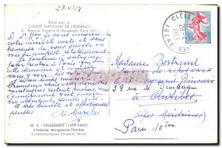 CPA Edite par le Comite national de l'enfance Avenue Franklin Roosevelt Paris Velasquez l'Infante Ma — Verso