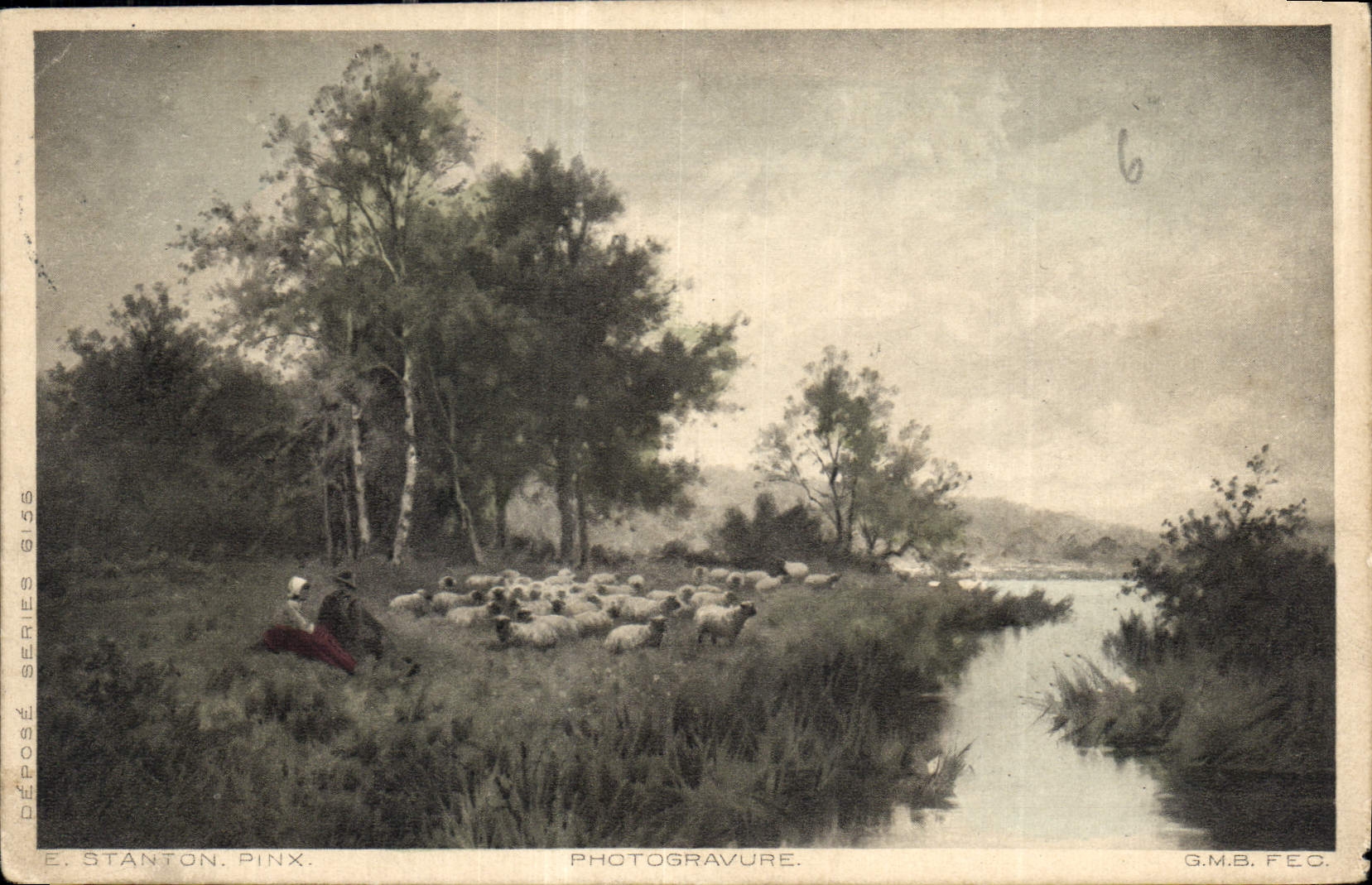 Landscape with sheep and river — E. Stanton. Pinx. — Photogravure G.M.B. F.E.C.