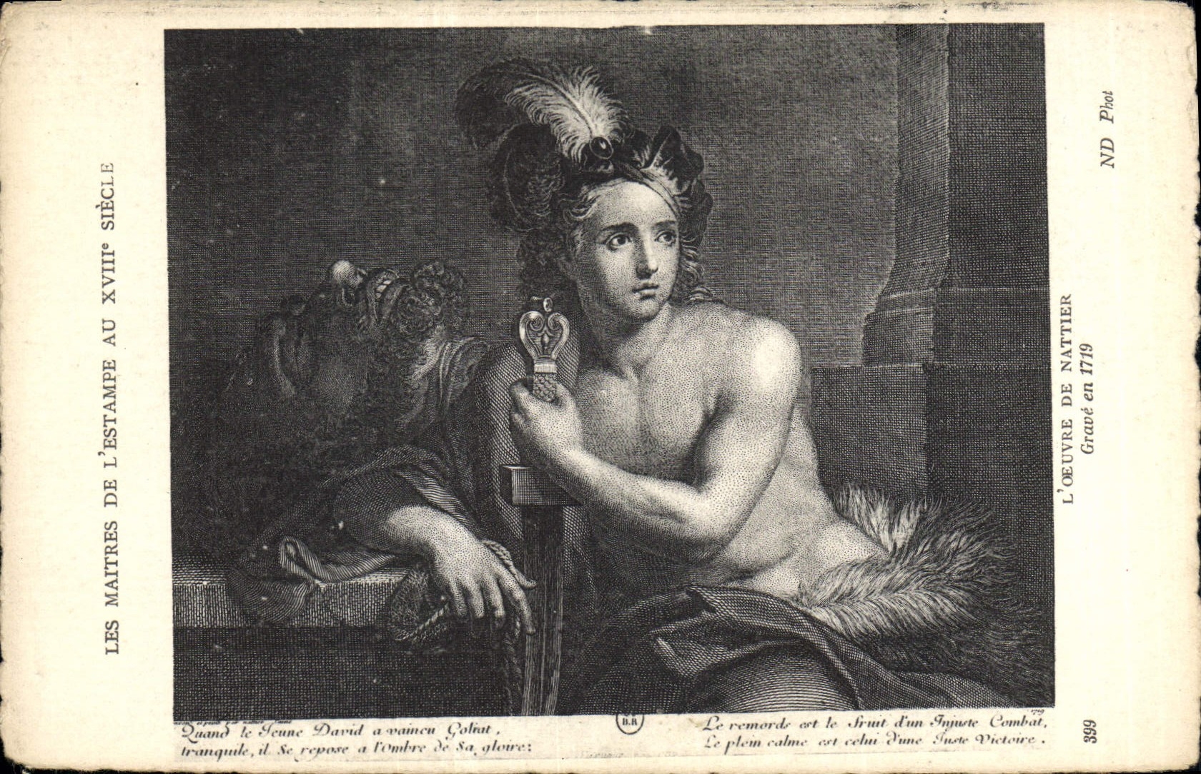 David reposant après la victoire sur Goliath — gravure de Nattier, 1719 — Les Maîtres de l'Estampe au XVIIIe siècle