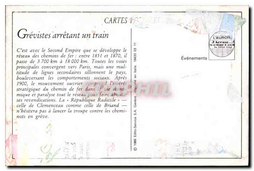 Grève générale des chemins de fer — Grévistes arrêtant un train — Éditeur E.P.D. n° 11 — Verso