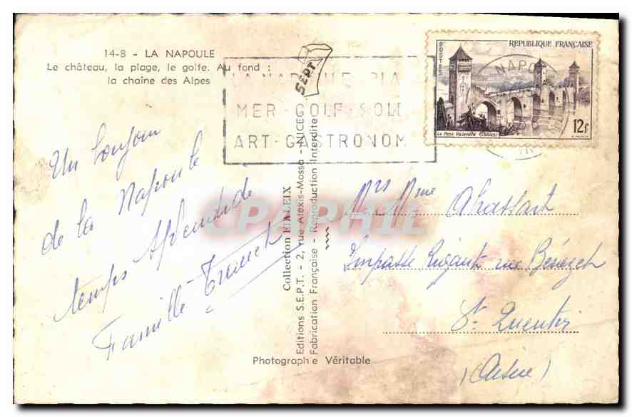 CPA La Napoule Le chateau la plage le golfe Au fond la chaine des Alpes  — Rückseite