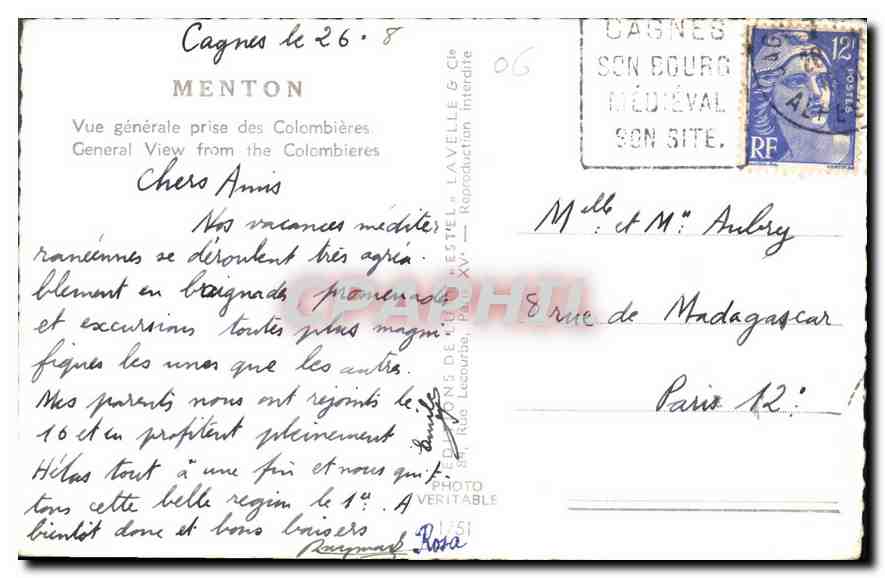 CPA Menton Vue generale prise des Colombieres  — Rückseite