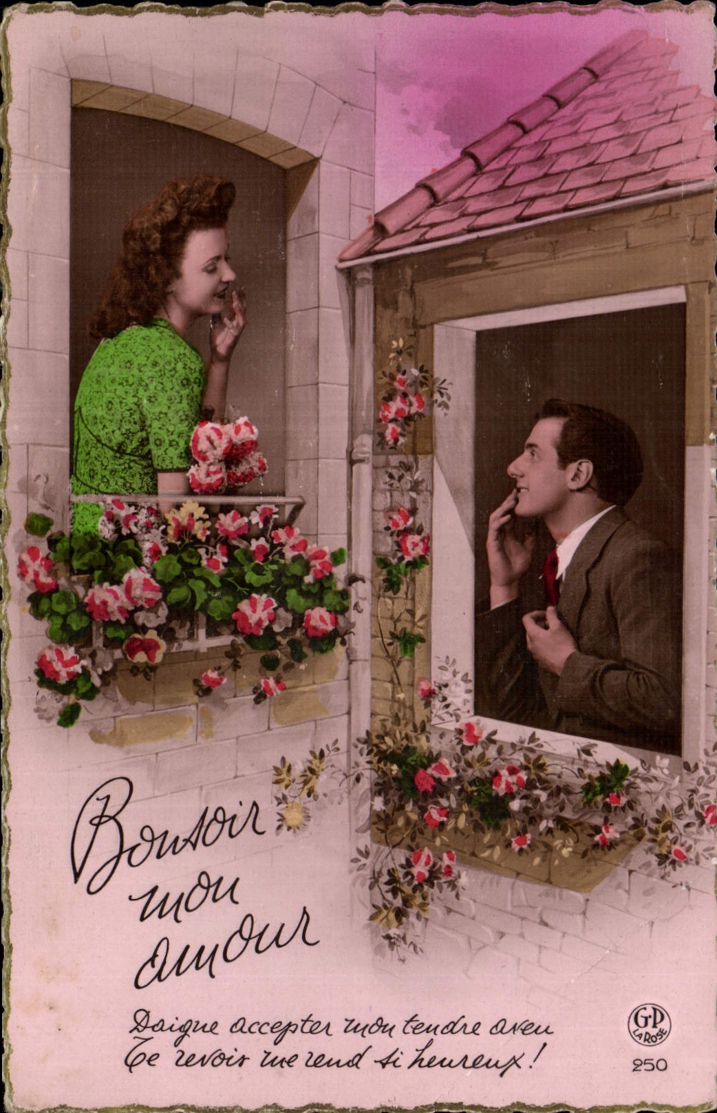 Amour — couple échangeant des baisers à travers les fenêtres — G.P. Paris n°250