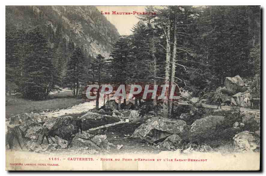 Cauterets - Route du Pont d'Espagne et l'Île Sarah-Bernhardt — Photographie Laroches Frères, Toulouse