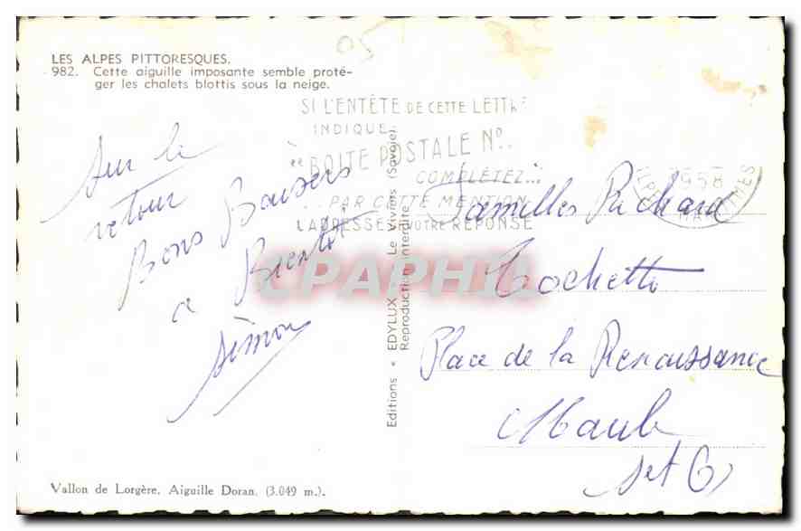 Les Alpes pittoresques — Vallon de Lorgère, Aiguille Doran (3.049 m.) — Éditions EDYLUX (Savoy) — Verso