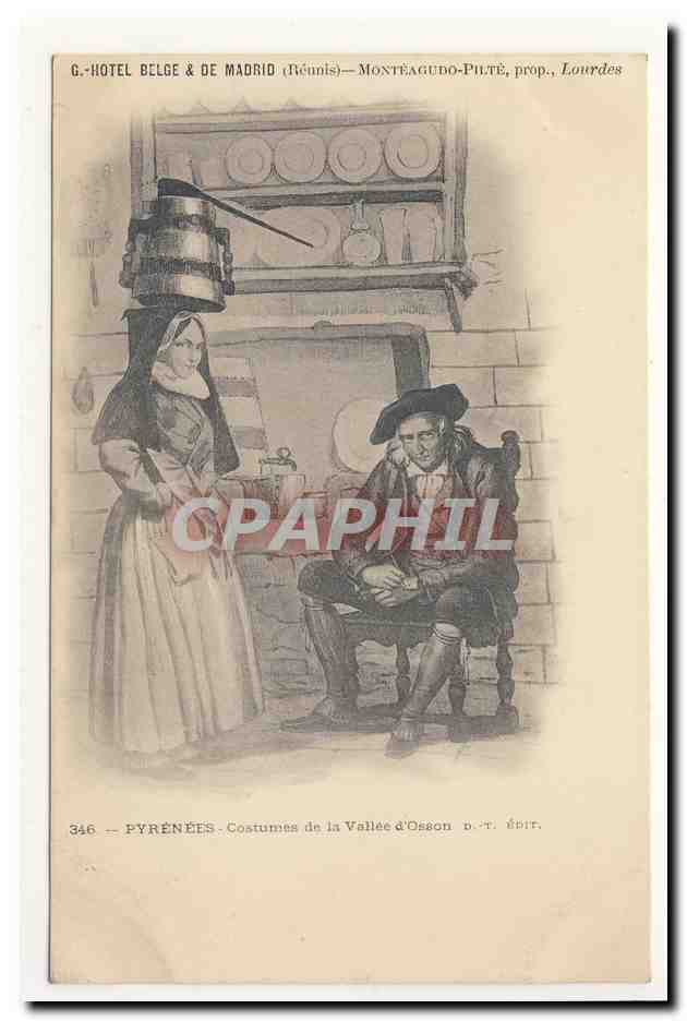 carte precurseur PYReNEES costumes de la vallee d'OSSON tonneau sur la tete animation TOP CPA