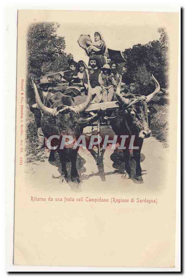 SArDAiGNE ritorno da una festa nell Campidano regione di sardegna attelage boeufs fete costumes TOP CPA