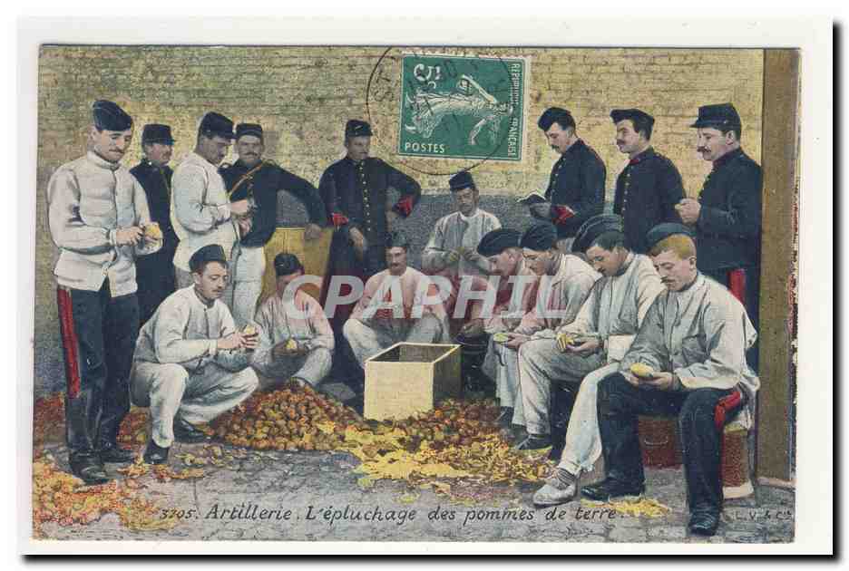 Artillerie epluchage des pommes de terre potatoes life in barracks uniforme TOP CPA