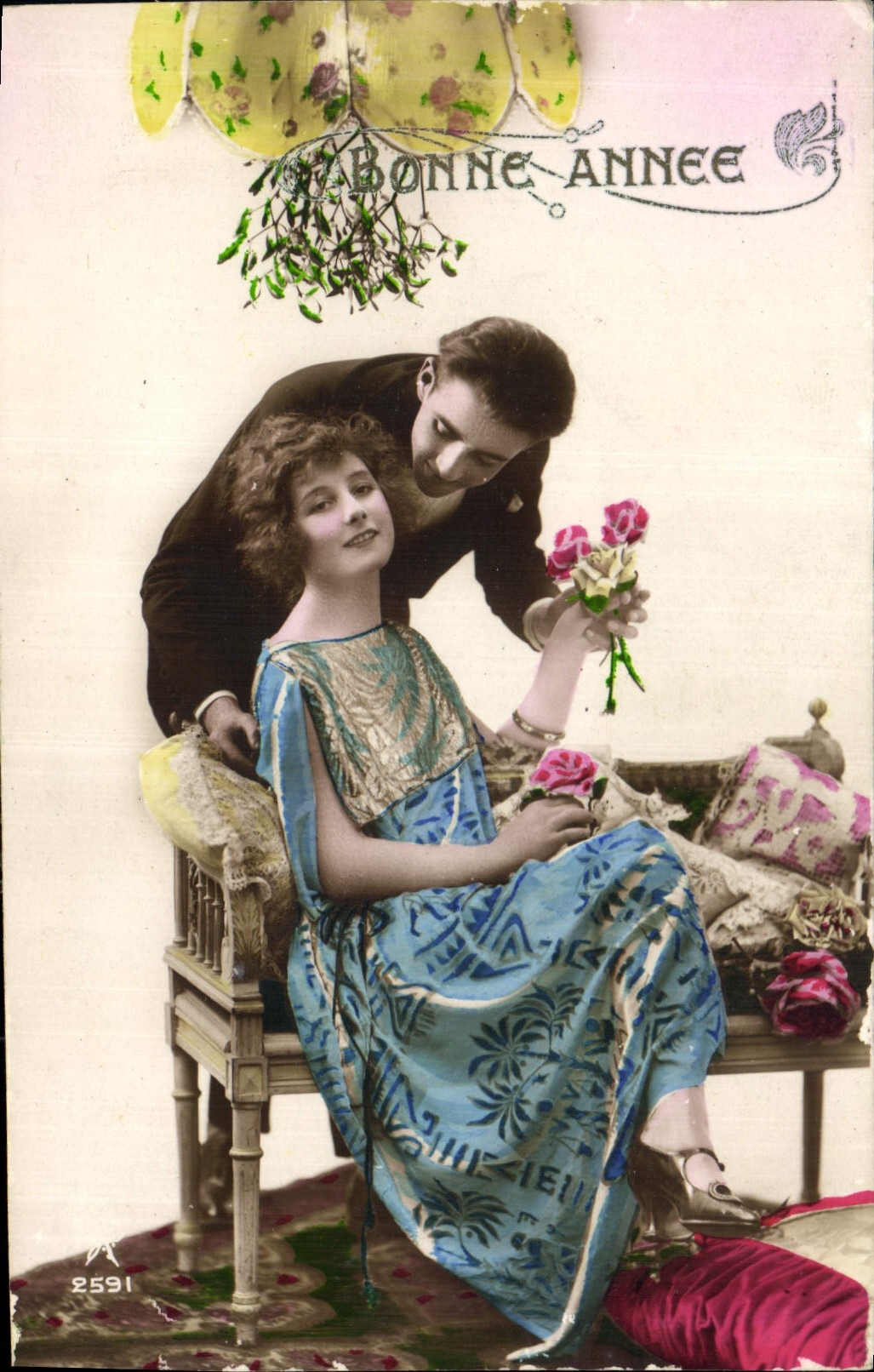 Junges Paar — Mann, der Rosen einer Frau anbietet — Verlag A. 2591