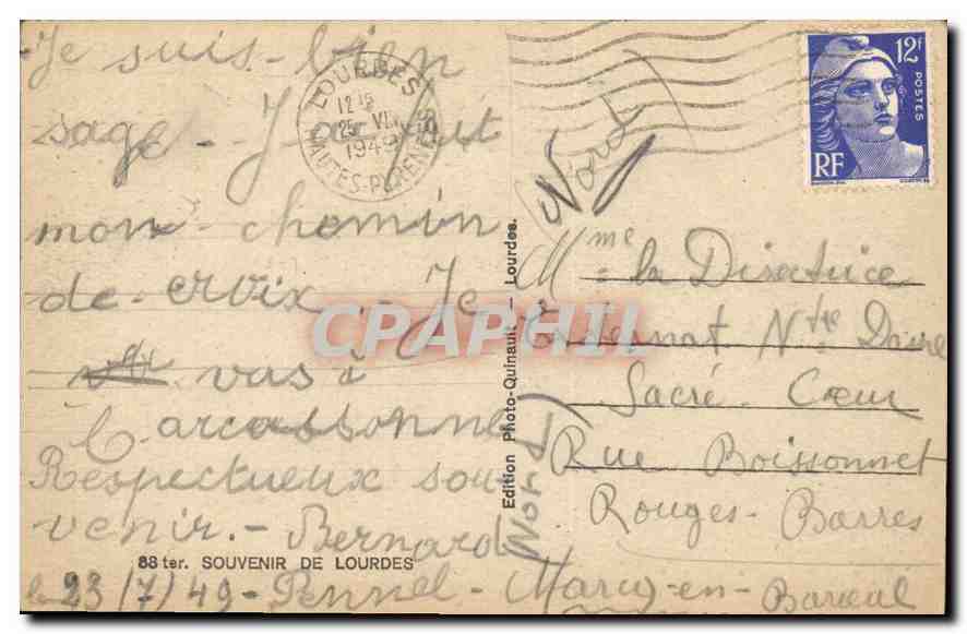 CPA A La Grotte Benie J'Ai Prie Pour Vous  — Verso